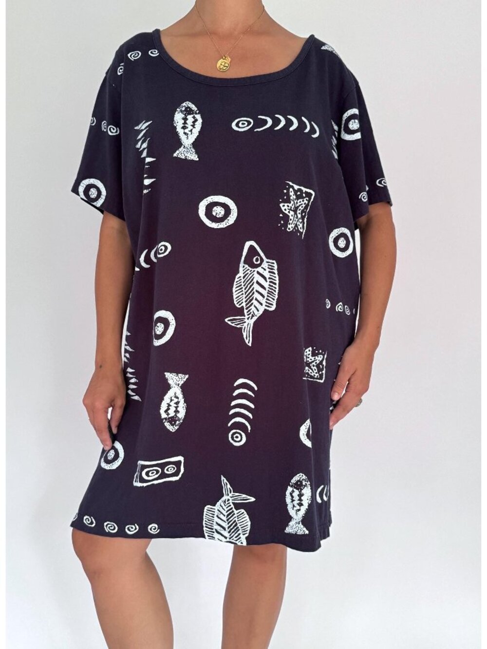 90s vintage navy blue fish ocean print pure cotton short slouchy vacation dress